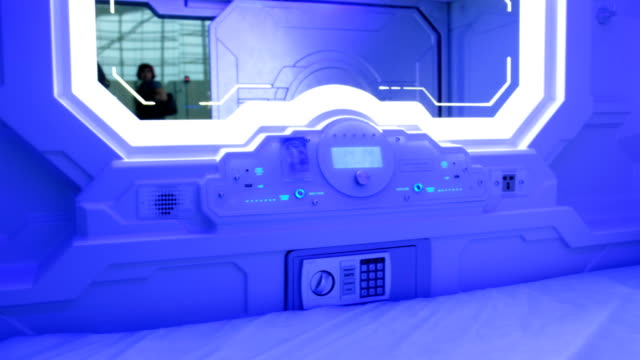 Sleepbox-with-neon-lights,-space-capsule-for-sleeping-at-the-airport,-inside-interior-view
