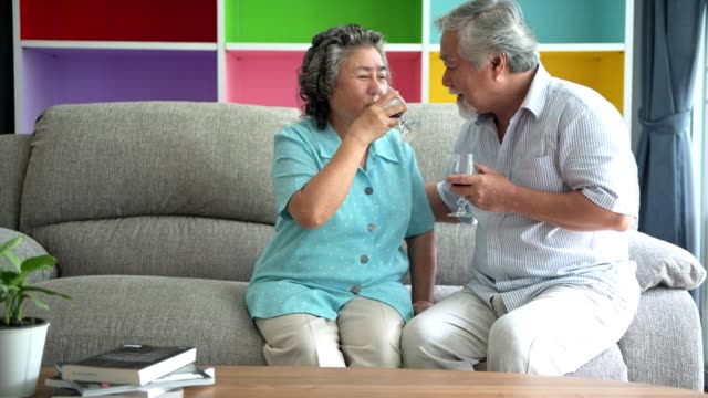 Senior-couple-sitting-and-drinking-red-wine-together-in-living-room.