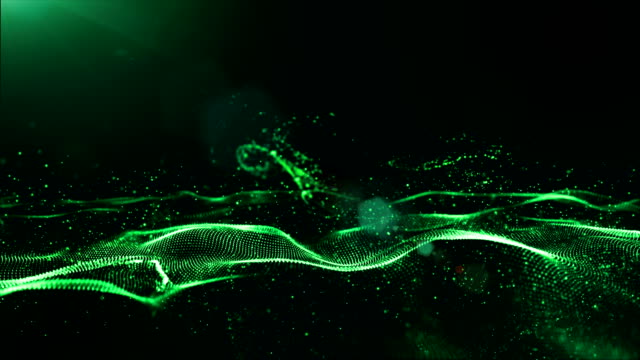 Onda-de-partículas-digital-abstracto-color-verde-con-fondo-de-luz-movimiento-y-polvo