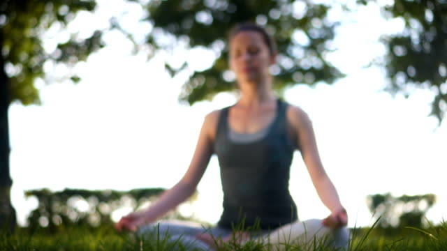 Schöne-schlanke-Frau-im-Lotussitz-praktizieren-Yoga-im-Park.