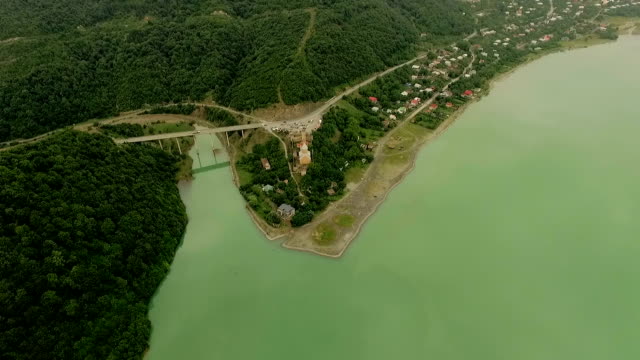 Aerial-view-of-Ananuri-fortress,-Georgia.-Aerial-footage