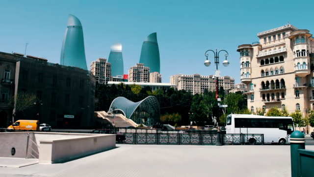 Die-berühmte-"Flame-Towers"-in-Aserbaidschans-Hauptstadt-Baku.High-und-schönen-blauen-Wolkenkratzer-in-Baku
