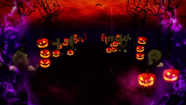 Spooky-Halloween-night,-Pumpkin-in-a-mystic-forest,-Loop