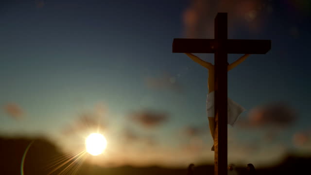 Christen-beten-zu-Jesus-Kreuz,-verschwommen-Sonnenaufgang-verkleinern