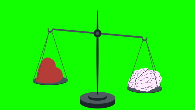 Gehirn-Vs-Herzen-auf-Skalen-auf-einem-grünen-Bildschirm