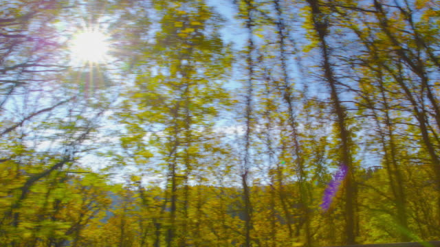 Conduciendo-por-una-carretera-de-montaña-en-un-hermoso-día-de-otoño.-Punto-de-vista-de-la-ventana-lateral-de-un-coche,-cámara-en-mano
