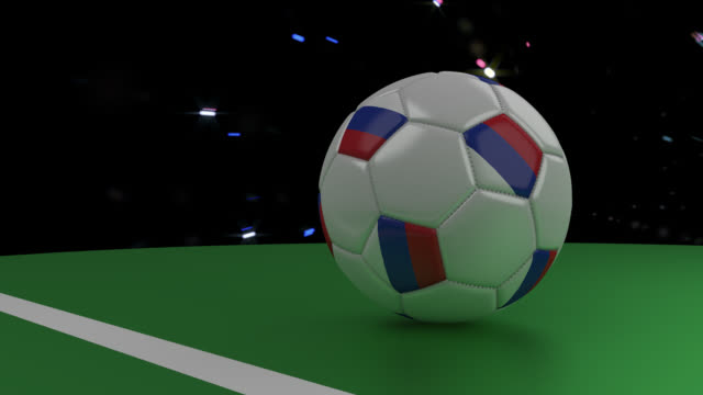 Soccer-ball-with-the-flag-of-Russia-crosses-the-goal-line-under-the-salute,-3D-rendering