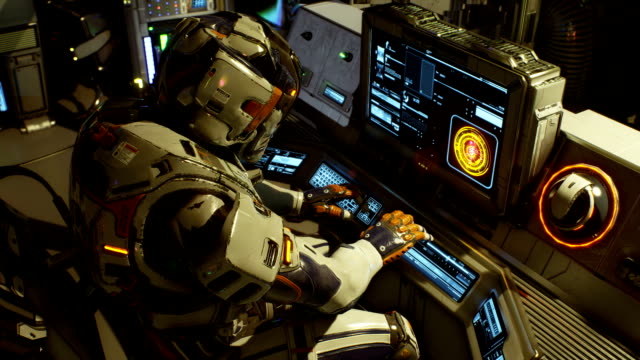 Der-Astronaut-auf-seinem-Raumschiff-auf-einem-Computer-ausgeführt