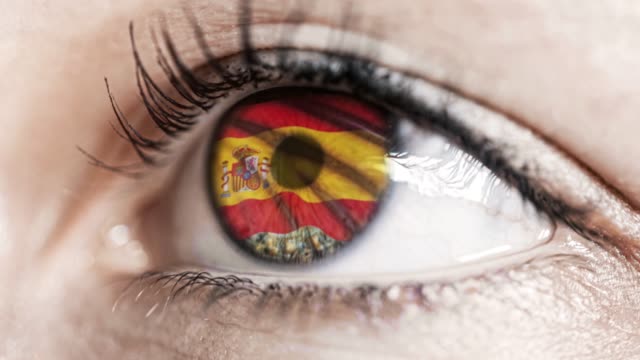 mujer-ojo-verde-en-primer-plano-con-la-bandera-de-España-en-iris-con-el-movimiento-del-viento.-concepto-de-vídeo