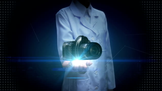 Female-researcher,-Engineer-open-palm,-SLR-camera.