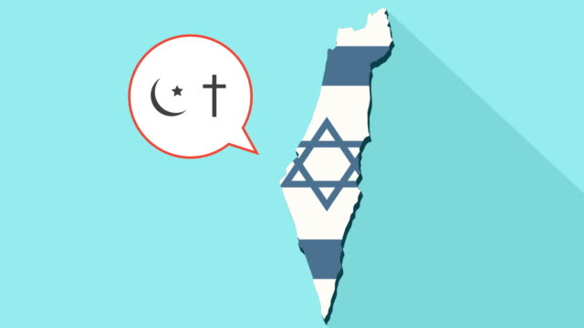 Animation-einer-langen-Schatten-Israel-Karte-mit-seiner-Flagge-und-eine-Comic-Sprechblase-mit-Symbole-der-Religionen-Christentum-und-islam