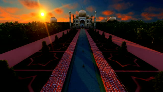 Sonnenuntergang-über-Taj-Mahal,-Agra-Indien