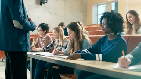 Professor-Holding-Vortrag-zu-einer-Multi-ethnischen-Gruppe-von-Studenten.-Intelligente-junge-Menschen-studieren-an-der-Universität.