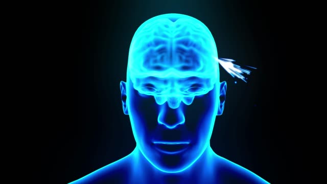 Gehirn-Hologramm-drehen-Funken-Blitz-Elektrizität-Kopfschmerzen-Neuron-Schleife-4k