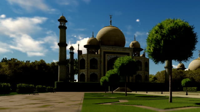 Taj-Mahal-contra-el-cielo-azul,-panorámica-cam