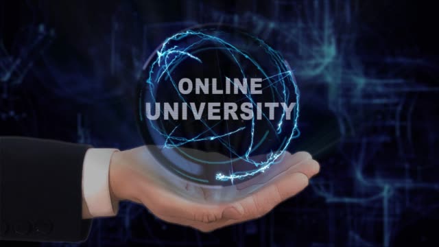 Painted-hand-shows-concept-hologram-Online-university-on-his-hand