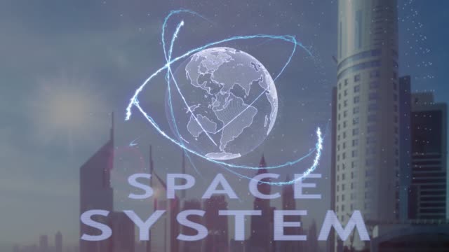 Raum-System-Text-mit-3d-Hologramm-des-Planeten-Erde-vor-dem-Hintergrund-der-modernen-Metropole