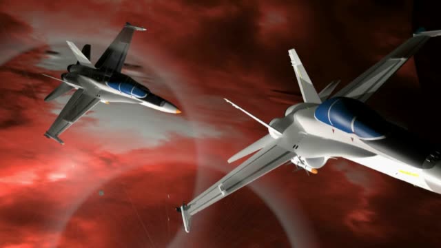 Fighter-airplanes-in-a-red-sky---3D-rendering-video
