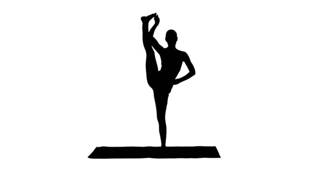 Silhouette-weibliche-Yoga-Modellbau-stehen-Split-lächelnd