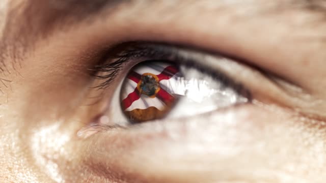 Man-with-brown-eye-in-close-up,-the-flag-of-Florida-state-in-iris,-united-states-of-america-with-wind-motion.-video-concept