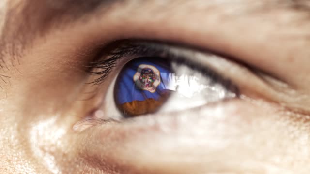 Man-with-brown-eye-in-close-up,-the-flag-of-Minnesota-state-in-iris,-united-states-of-america-with-wind-motion.-video-concept