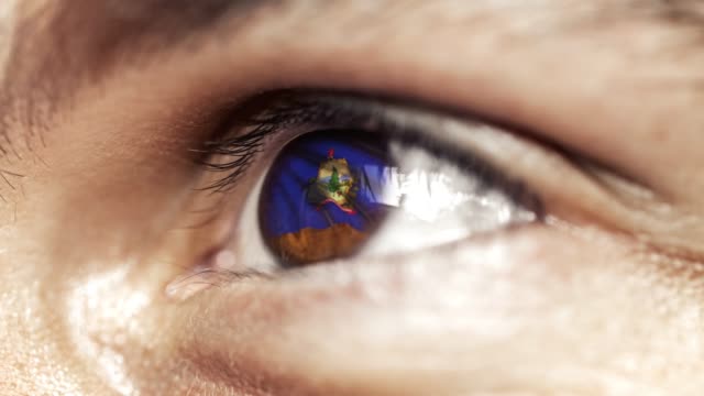 Man-with-brown-eye-in-close-up,-the-flag-of-Vermont-state-in-iris,-united-states-of-america-with-wind-motion.-video-concept