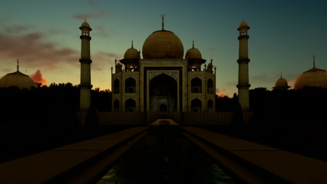 Noche-de-Taj-Mahal-timelapse-día,-alejar