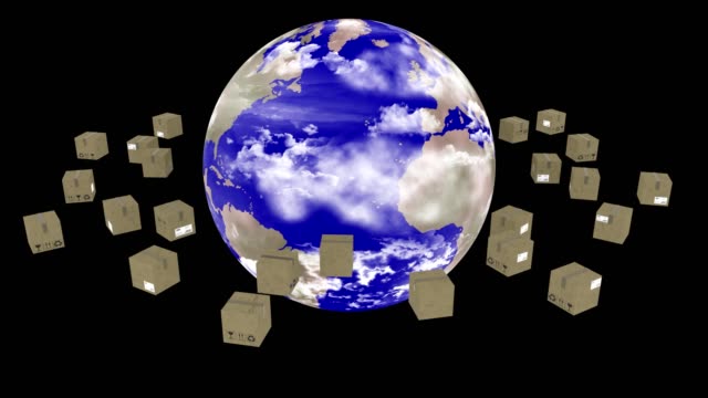 Videos.-3D-illustration.-Shipping-around-the-world.-Parcels-rotate-around-the-globe-to-be-delivered.