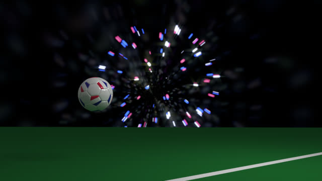 Balón-de-fútbol-con-la-bandera-de-Francia-cruza-la-línea-de-portería-de-fútbol,-render-3d,-material-prores