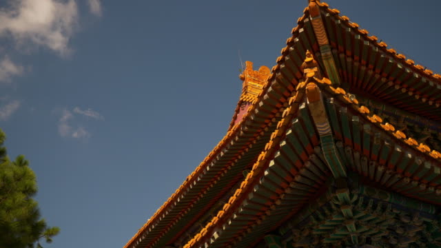 sunny-day-zhuhai-park-temple-rooftop-front-slow-motion-up-view-4k-china