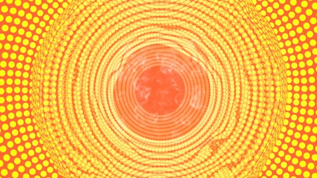 Plasmatic-halftone-circle-area-in-tunnel-motion,-abstract-vfx-video-background-in-yellow-and-orange,-smoke-effect,-fiery-colors