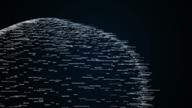 waved-surface-from-words-list-of-famous-companies,-abstract-animation-of-future-shape