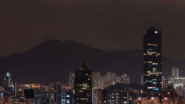 China-Nacht-Licht-Hong-Kong-Stadt-Bergpanorama-5k-Zeitraffer