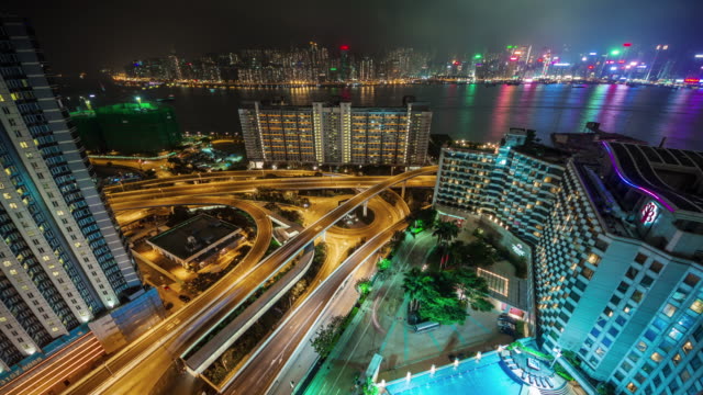 China-Dach-Top-Nacht-Licht-Hong-Kong-Kreuzung-Verkehrsknotenpunkt-4k-Zeitraffer