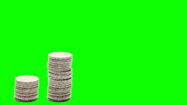 Five-stacks-of-coins-rise,-fall-and-rise-again---Stop-Motion---Chroma-Key.