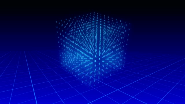 3D-Würfel-von-binären-Ziffern-drehen-auf-blauem-Grund-über-eine-Rasterebene.