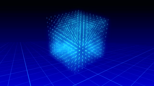 cubo-3D-de-dígitos-binarios-girando-sobre-un-fondo-azul-sobre-un-plano-de-rejilla.
