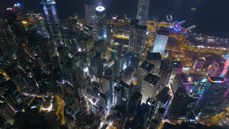 China-Nacht-beleuchtet-Hong-Kong-Stadt-Innenstadt-Bucht-Luftbild-Panorama-4k