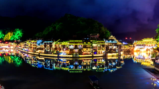 Fenghuang-County-Beautiful-Ancient-Town-Of-Hunan-Province,-China-4K-Time-Lapse-(zoom-out)