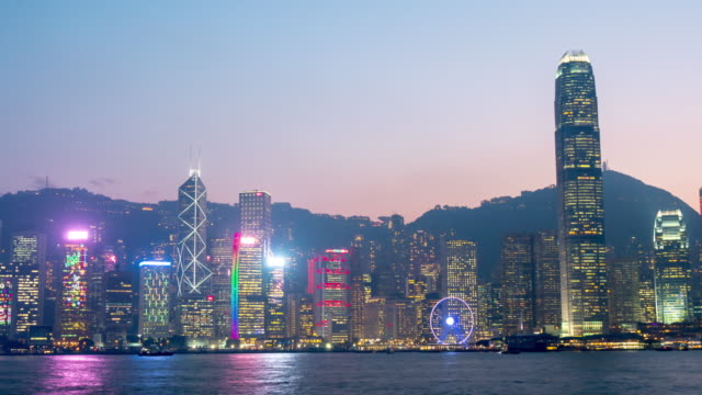 China-Sonnenuntergang-Dämmerung-Himmel-Hong-Kong-Stadt-berühmten-Turm-Rad-Panorama-4k-Zeit-Lapsechina