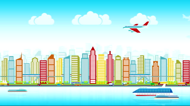 Colorful-city-skyline-with-traffic-of-various-vehicles-train-airplane-car-ship-in-flat-style,-cityscape,-seamless-loop