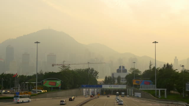 Hong-Kong-Stadt-Sonnenuntergangszeit-Verkehr-Straße-Bucht-Panorama-4k-china