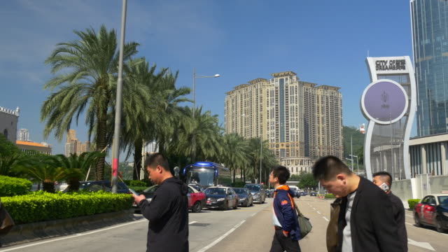 China-Macao-ciudad-día-tiempo-tráfico-calle-cruce-concurrido-panorama-4k