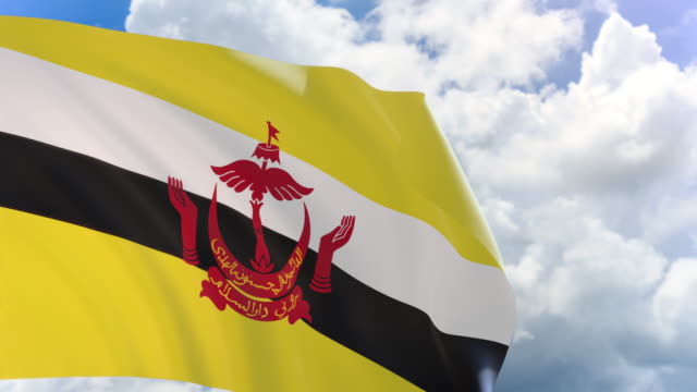 Render-3D-de-bandera-Brunei-ondeando-sobre-fondo-de-cielo-azul-con-canal-alfa