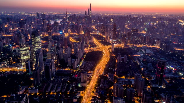 Aerial-view-of-Shanghai-at-dawn,-time-lapse