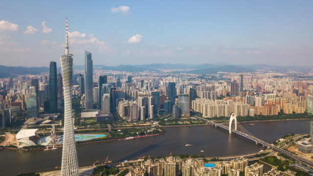 China-Sonnentag-Guangzhou-Stadt-Innenstadt-Perlfluss-Kanton-Turm-Seite-aerial-Panorama-4k-Zeitraffer
