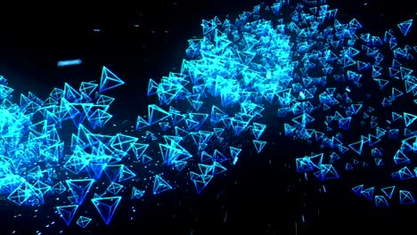 Global-Business-Network,-Blue-Pyramids-on-Black-Background,-Glitter-Animation,