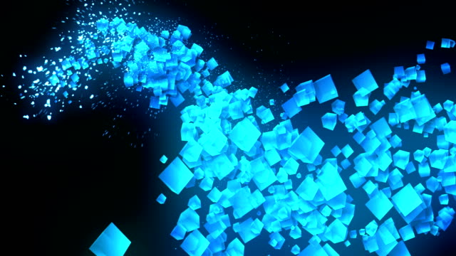 Global-Business-Network,-Blue-Cubes-on-Black-Background,-Glitter-Animation,