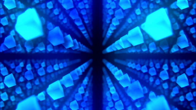 Global-Business-Network,-Blue-Cubes-on-Black-Background,-Loop-Glitter-Animation,