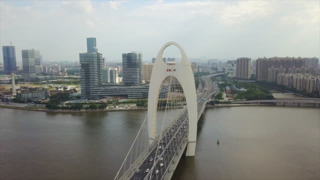 Tag-Zeit-Guangzhou-Stadt-Verkehr-Liede-überbrücken-Perlfluss-aerial-Panorama-4k-china
